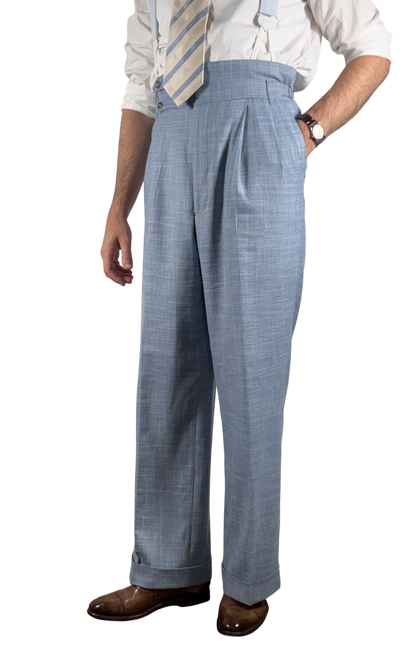 Pantalon taille haute bleu ciel - mélange laine lin soie et bambou - coupe droite